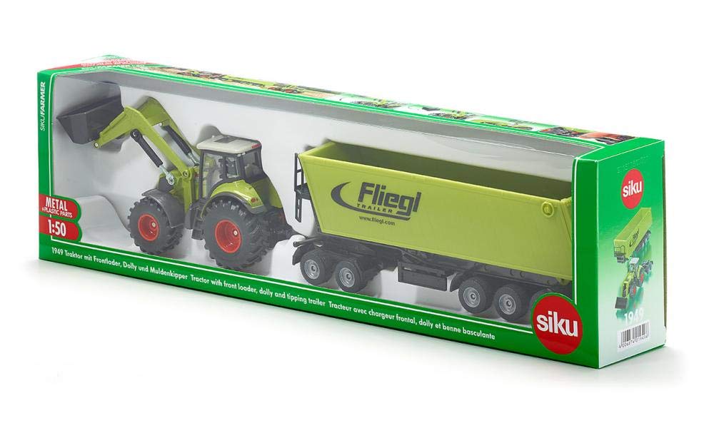 Siku 1949, Claas Axion Traktor mit Frontlader, Dolly und Muldenkipper, 1:50, Metall/Kunststoff, Grün, Bewegliche Schaufel und Frontlader-Schwinge, Kippbare Mulde