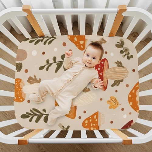 Image of Baby Crib Sheet Mushroom Crib Mattress for Boys and Girls Forest Playard Sheet Soft Breathable Fitted Baby Mattress Cover 52x28in