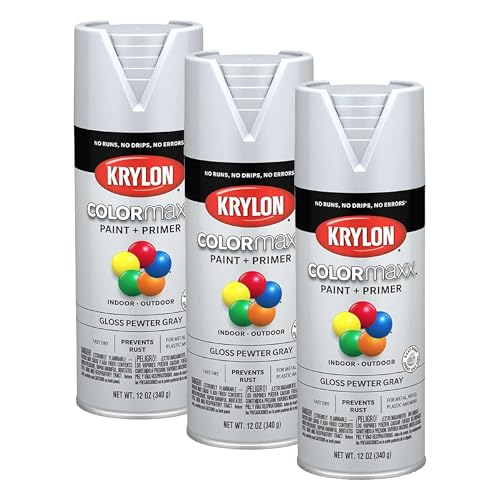 Image of Krylon K05531007 COLORmaxx Spray Paint and Primer for Indoor /Outdoor Use, Gloss Pewter Gray, 12 Ounce (Pack of 3)