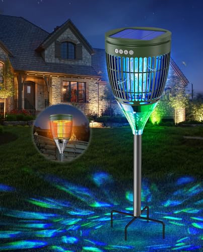 Image of Solar Bug Zapper Outdoor, Mosquito Zapper with Flame & Projector Light | Auto On /Off, Waterproof Cordless Mosquito Trap Solar Powered, 4200V Electric Fly Zapper Killer for Patio Yard Camping Garden