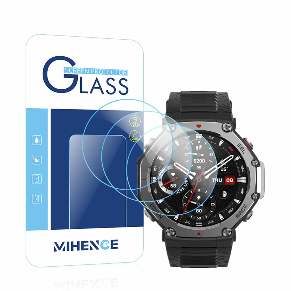 MIHENCEScreen Protector Compatible with Amazfit T-Rex 3 Smartwatch, 9H Anti-Scratch Tempered Glass Film Compatible with T-Rex 3 Smartwatch (Pack of 3)