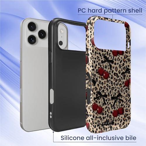 Coque iPhone 17 Pro Max rigide silicone motif léopard cerise nœud esthétique