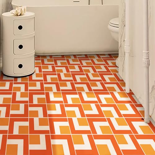 Alwayspon 0.5mm Thickness 24Pcsx20cmx20cm Vinyl Floor Wall Tile Sticker, Vinyl Flooring Non-Slip Sticky Back Tile Decals for Kitchen Bathroom, Orange Red White