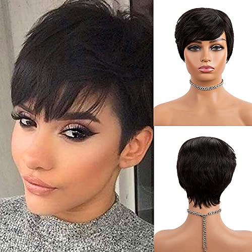 Short Human Hair Wigs for Black Women Short Pixie Human Hair Wigs with Bangs Short Wig 100% Brazilian Human Hair Layered Pixie Cut Wigs With Bangs-Natural Black (1B & 6 inch)