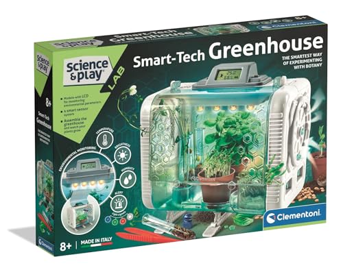 Clementoni Smart-Tech - Invernadero - Kit Interactivo de Ciencia de Plantas Stem con sensores, Pantalla LCD y Modos de Crecimiento para niños de 8 años en adelante