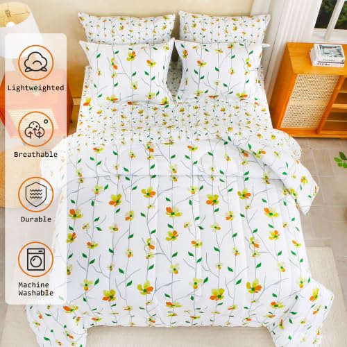 Image of lasoftan Floral Queen Comforter Set with Sheets, 7 piece Luxury Vintage Bedding, Soft Microfiber Bed in a Bag, Cozy Lightweight Bed Set, Yellow Flower