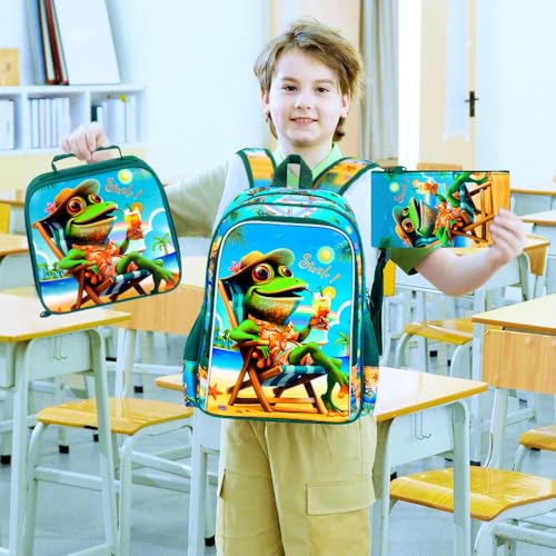 Image of 3Pcs Kids Backpack for Boys, 16 inch Frog Kindergarten Preschool Elementary Bookbag Set, School Backpacks with Lunch Box(Green)