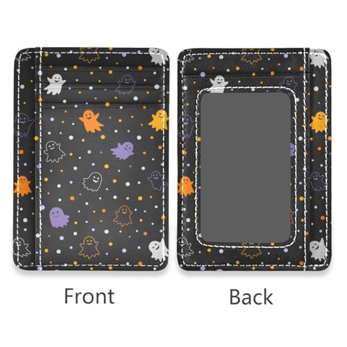 Halloween Ghosts Slim Minimalist Wallet, RFID Blocking Leather Credit Card Holder Front Pocket Card Cases with ID Window for Men & Women2