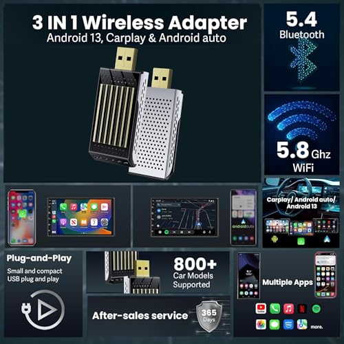 Image of 2025 Wireless AI Car Box 3-in-1 Wireless CarPlay & Android Auto with YouTube /Netflix /Prime /Hotstar 4GB RAM 64GB Storage Cortex-M3 Processor Android 13 Bluetooth 5.4 GMS Certified Plug & Play