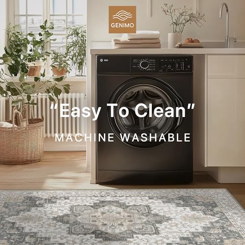 GENIMO 7'6''x9'6'' Area Rugs for Living Room, Machine Washable Non Slip Vintage Rugs, Low Pile Lightweight Chenille Print Rug for Bedroom, Dining Room, Home Office, Heathered Grey