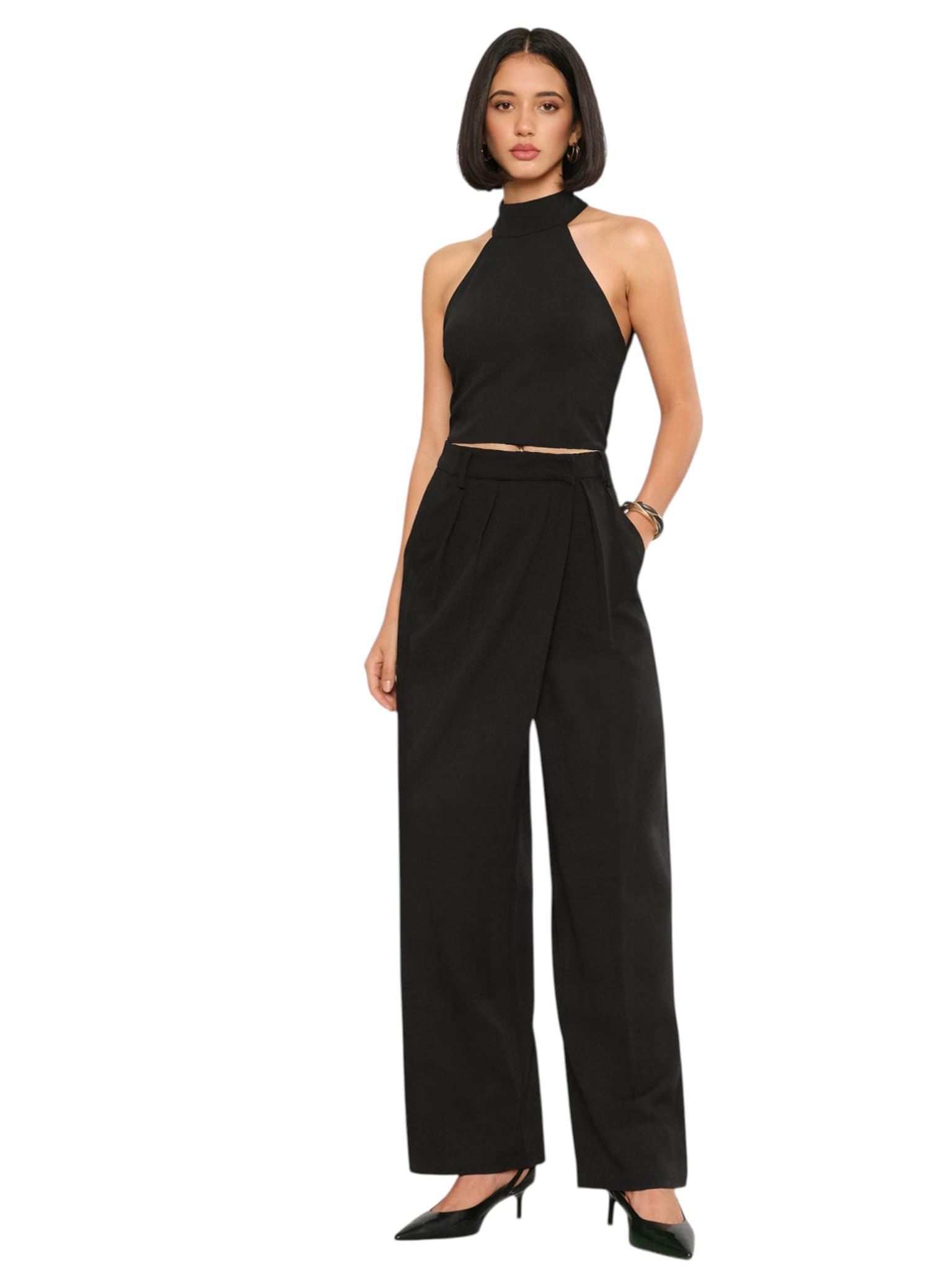 Women's Halter Neck Top With Wrap Straight Pants-image-6