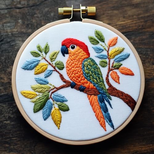 DIY Punch Needle Kits for Beginners Parrot on Tree with Hoop Embroidery Punch Needle Starter Set Easy for Adults and Kids Festival Gift and Decor 20x20cm