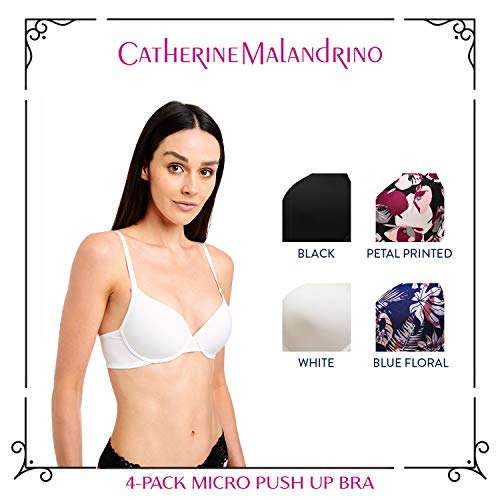 Catherine Malandrino Women's 4-Pack Underwire Micro Push Up Bra, Black/White/Pink Blue Floral, 38D #TOP2