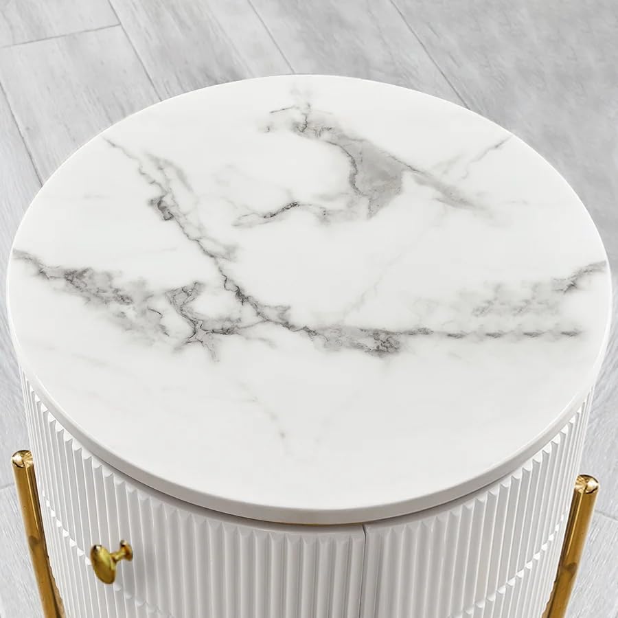 Image of Spain Bedside Table with 2 Drawers, 18x18x18 Inch, Round Sintered Marble Top, Gold Metal Legs & Handle, Waterproof Plywood Body, Modern Side Table for Sofa /Bedroom (White)