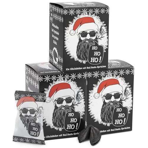 FOOD crew 30x Weihnachtsglückskekse Bad Santa – Glückskekse Weihnachten - Süßigkeiten Weihnachten - Gebäck Einzeln Verpackt mit deutschen Sprüchen - Vegan - Made in Germany