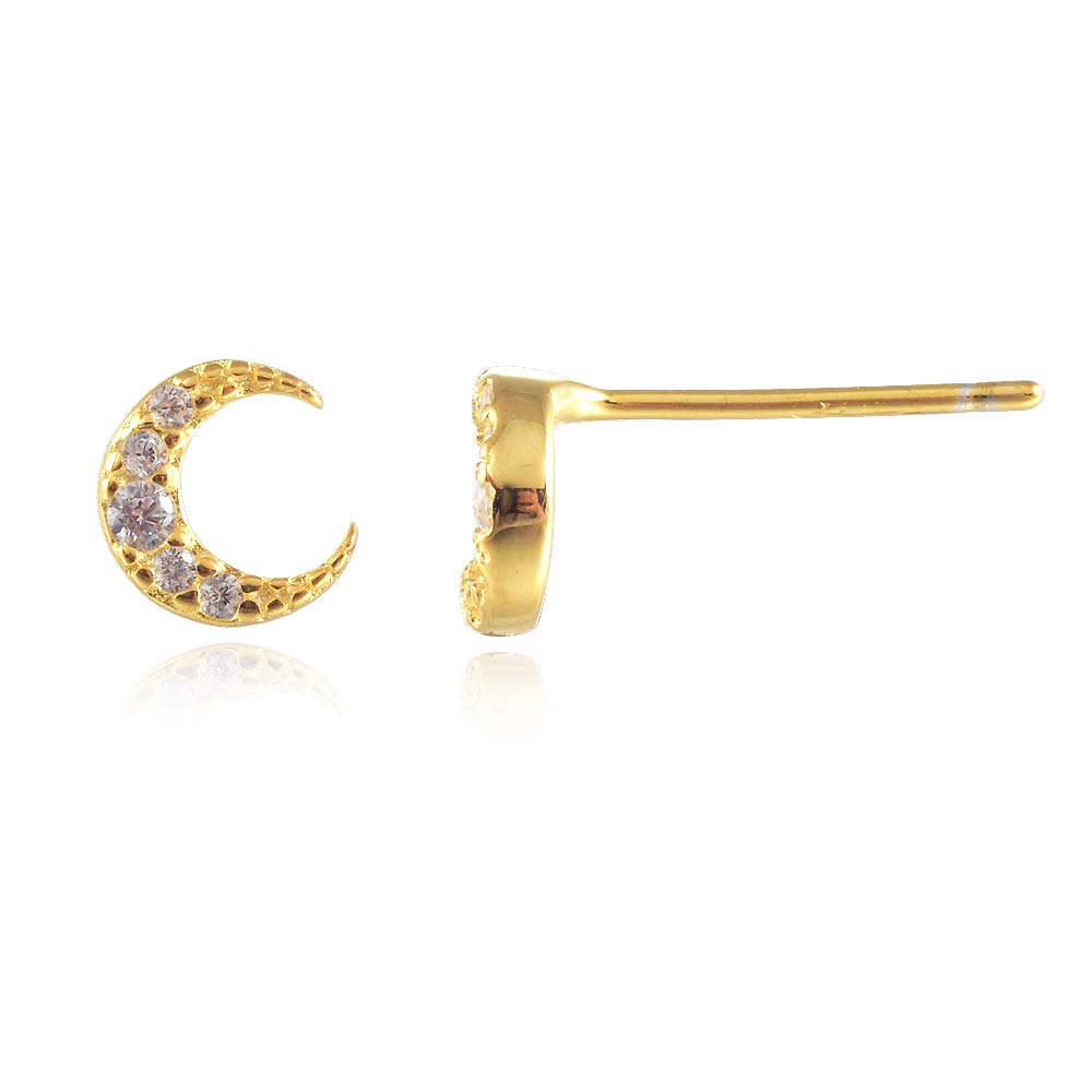 RIZILIA[ MOON] Stud Pierced Earrings Gold Colour with Round Cut Gemstones CZ [White Topaz] in 925 Sterling Silver, Simple Modern Elegant