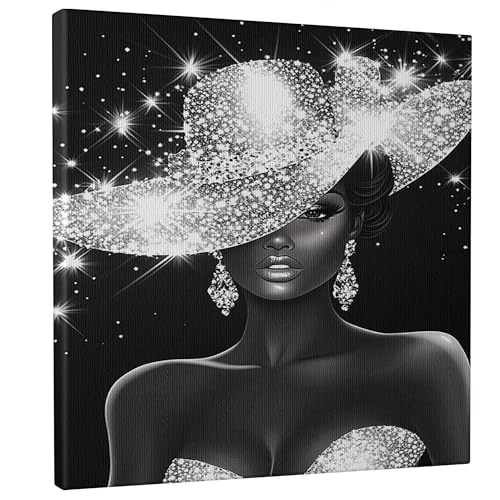 Elegant Glittering Hat Wall Art, Black Silver Chic Canvas Prints,