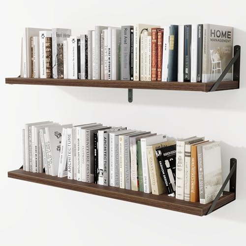8" Deep Wall Shelves with Metal Brackets, 40" Wide, Walnut Finish, 2pcs | Heavy-Duty 8" Deep Engineered Wood Bookshelves for Living Room, Bedroom, Bathroom, Kitchen Home Decor Storage