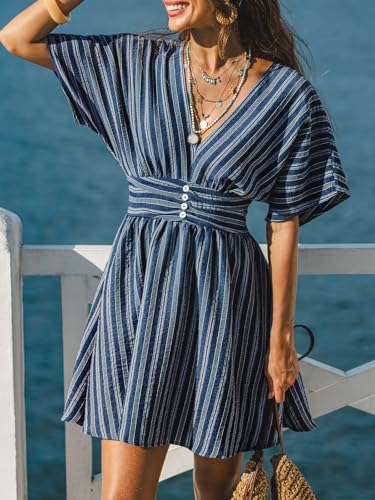 Image of CUPSHE Women Summer Dress Striped V Neck Smocked Waist Front Buttons Sun Dress Casual Vacation Beach Short Mini Dress