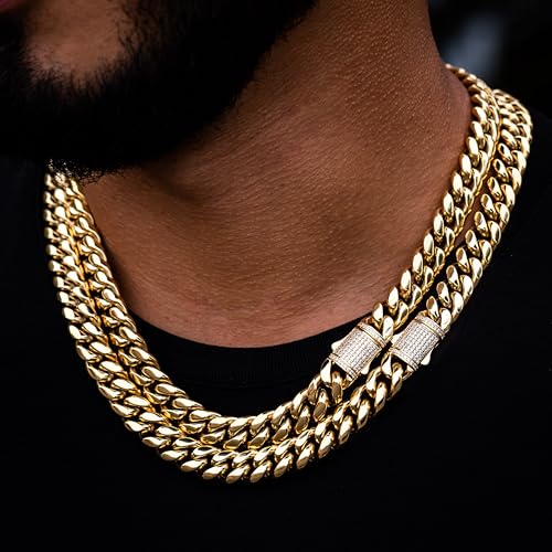 CG&KYGG 12mm Miami Cuban Link Chain 14K Real Gold Plated Stainless Steel Gold Necklace for Mens Womens (Double-sided Iced Out Clasp)3