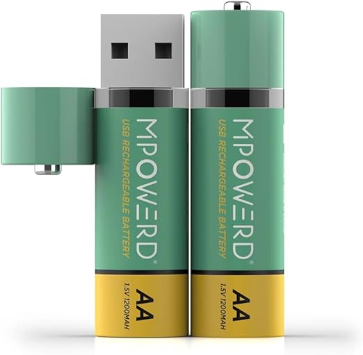 Mpowerd Viri Rechargeable AA Batteries 2-Pack, USB Port for Charging, 1200mAH, Recharge up to 1000 Times, Alternative to Alkaline Batteries