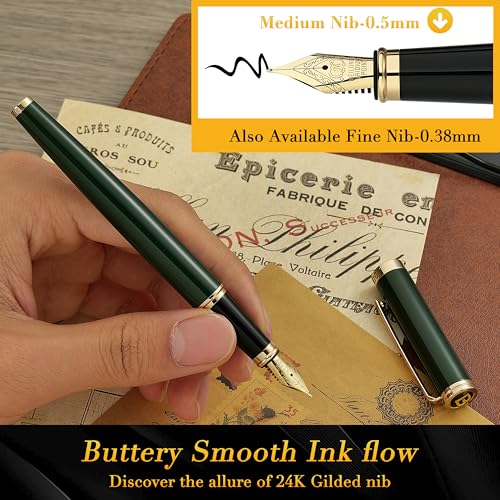 Image of BEILUNER Racing Green Fountain Pen,Stunning Luxury Pens with 24K Gold Finish, Gorgeous 24K Gilded Nib(Medium), Fancy Pen Gift for Men&Women -Ink Converter-Christmas, Office,Fancy,Nice Pen for Writing