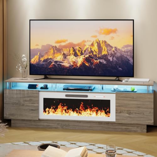 LEMBERI 70" Fireplace TV Stand for TVs up to 80 Inches with White 36'' Electric Fireplace & Remote, Modern Entertainment Center with LED Light,Woodeen TV Console for Living Room, 8 Acrylic Posts, Gray