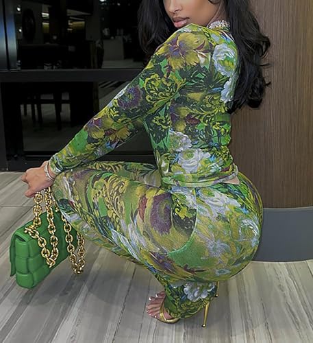 Image of acelyn Women Sexy Two Piece Outfits Mesh Printed Bodycon Flared Pants Sets Club Going Out Birthday Outfits