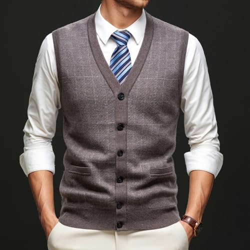 Mens 100% Wool V Neck Sweater Vest Knit Sleeveless Pullover Sweater Casual Plaid Vest2