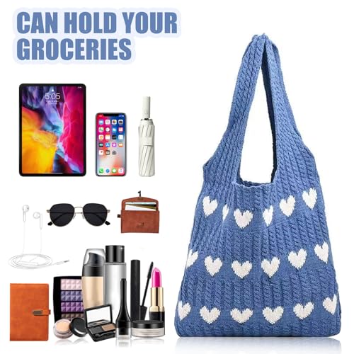 dogmoon Gestrickte UmhäNgetasche, Aesthetic Gehäkelte Tasche Crochet Bag, Damen GestrickteTasche, Leichte Strick-Tote Tasche für Teenager Und MäDchen(Blau)