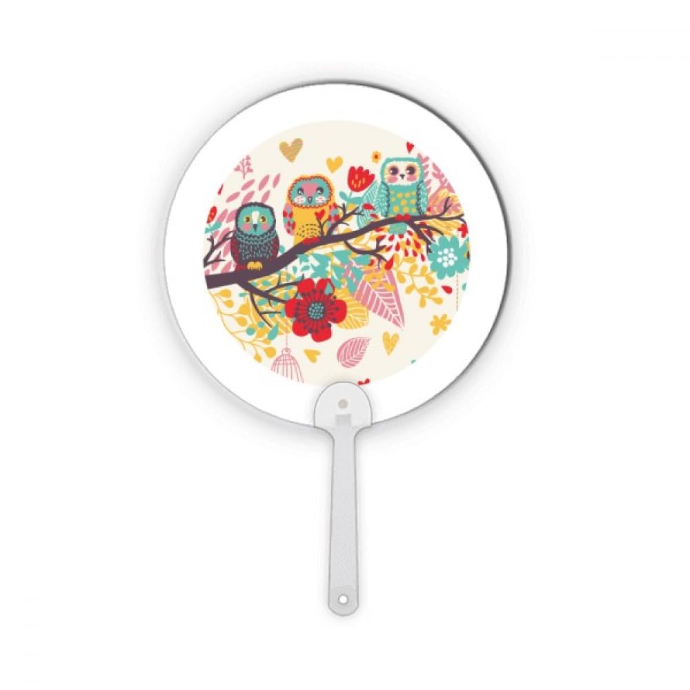 Éventail portable rond plastique illustrations fleurs hiboux pour artisanat décoratif