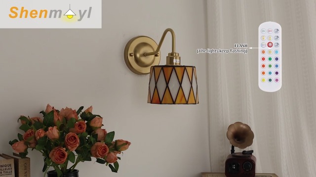 Image of Vintage Battery Operated Wall Sconce Set of 2, 5000mAh Rechargeable Wall Lamp 12 RGB Colors Dimmable, Gold Lights Fixture for Bedroom Bathroom Living Room Hallway Orange Checker