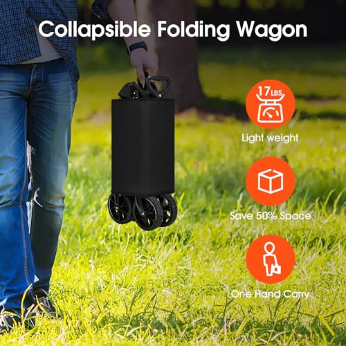 190L Collapsible Folding Wagon Cart, 345LBS Large Capacity Camping Wagon, All Terrain Foldable Wagon, Heavy Duty Utility Wagon Cart for Grocery Outdoor Beach Gardening Shopping Fishing Black - Image 3