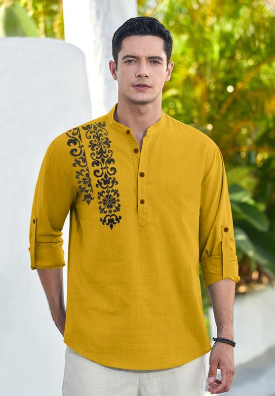 Image of Macsivo Cotton Blend Solid Casual Short Kurta for Men Long Sleeve Mandarin Collar Stylish Shirt Kurta for Men