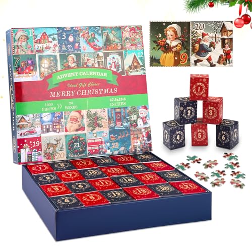 Advent Calendar 2025, Christmas Calendar Jigsaw Puzzles 1008 Pieces, Christmas Calendar Enthusiasts 24 Puzzle Boxes Countdown to Christmas Gifts Puzzle Home Decoration Stuffers Gifts Toy
