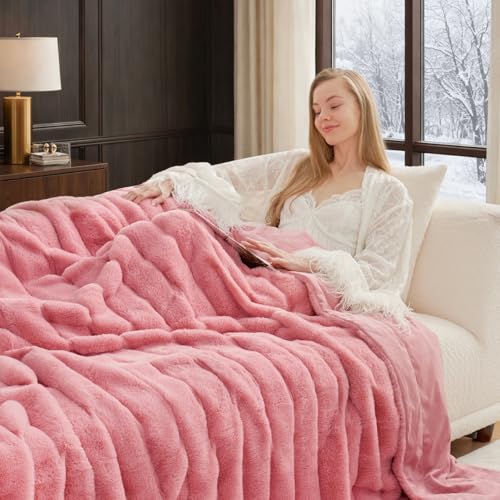 Cozy Bliss Deluxe Sheared Rabbit Faux Fur Throw Blanket, Soft Fuzzy High-Low Sculpted Plush Blanket for Couch, Cozy Home Accent, All Season Use, Pink 60'x80'