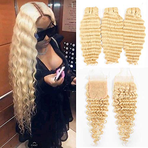 HC Hair 613 Bundles with Closure 8A Brazilian Deep Wave 3 Bundles With 4x4 Lace Closure Remy Human Hair Blonde Bundles with Closure (12 14 16 with 10, closure)