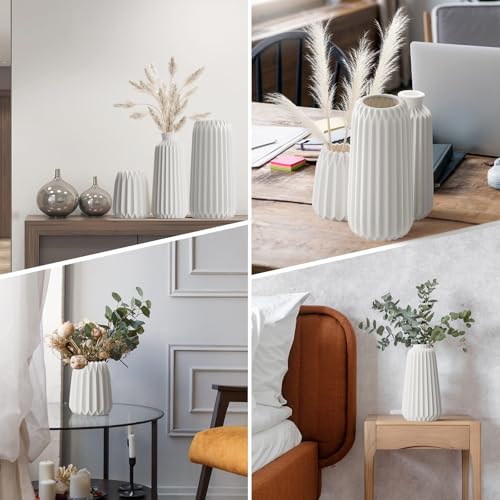3PCS Vase Décoratif en Céramique Côtelé Blanc - Centre de Table, Décoration Maison, Style Nordique (L: Hauteur 20 cm) – Image 5