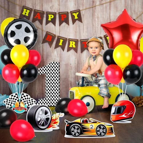 Image of 6 Sets Race Car Party Balloons Stand Kit Racing Car Table Centerpieces Decor Red Black Yellow Balloon Race Car Birthday Party For Boys Let's go Birthday Racing Sports Themed Decorations