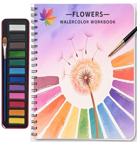 Watercolor Workbooks, Beginner Watercolor Painting Kit – 12 Colors Paint Set with Brush