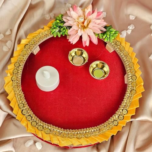 SATYAM KRAFT 1 Pc Handcrafted Pooja Round Decorative Platter for Pooja Thali | Traditional Wedding & Shaadi Decor | Bride & Groom Gifts | Handmade Tray for Marriage Functions
