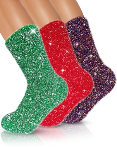 Sparkly Fuzzy Socks for Women Men, Halloween Gifts Boo Spooky Basket Stuffers, Funny Cute Crazy Fluffy Plush Slipper Socks for Girls Boys 3 Pairs