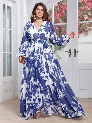 Image of Spring Summer 2024 Plus Size Womens Dresses V Neck Casual Elegant Long Sleeve Floral Print Maxi Dress