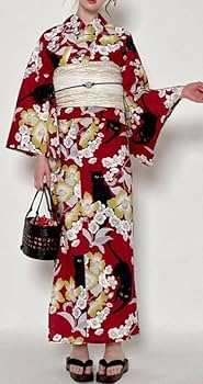 Amazon.co.jp: 黒ネコ浴衣黒地 赤い花柄に猫 キュートなモダン