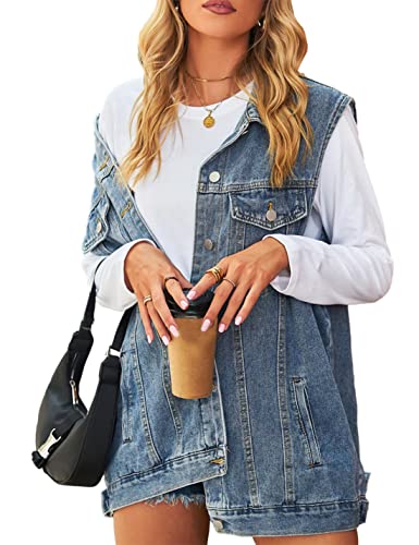 Denim Jean Vest for Women Oversized Sleeveless Mid Long Button Down Denim Waistcoat
