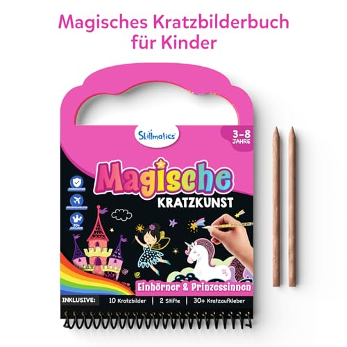 Skillmatics Kratzkunstbuch für Kinder - Einhörner &; Prinzessinnen, Bastelsets und Zubehör, 30+ Kratzaufkleber, Reisespielzeug, Bastelset, Geschenke für Mädchen & Jungen im Alter von 3, 4, 5, 6, 7, 8