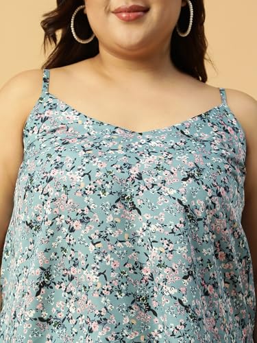 Image of Women Plus Size Navy Blue Floral Print Shoulder Strap A-line Top & Tunic 2XL /3XL /4XL /5XL /6XL /7XL /8XL