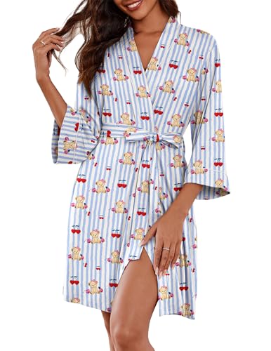 Image of Ekouaer Women Kimono Robes Knee Length Knit Bathrobe Lightweight Soft Sleepwear V-neck Casual Ladies Loungewear