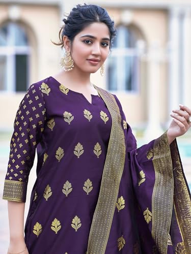 Sanisa Women's Art Silk Jacquard Work Straight Kurta With Pant And Dupatta (128Kbd1381N-S_Deep Purple)