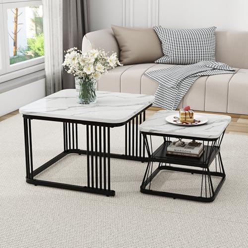 Merax Set di 2 Tavolini da Salotto, Alta lucentezza, per Soggiorno, Balcone e Ufficio, Struttura in Metallo, Bianco e Nero